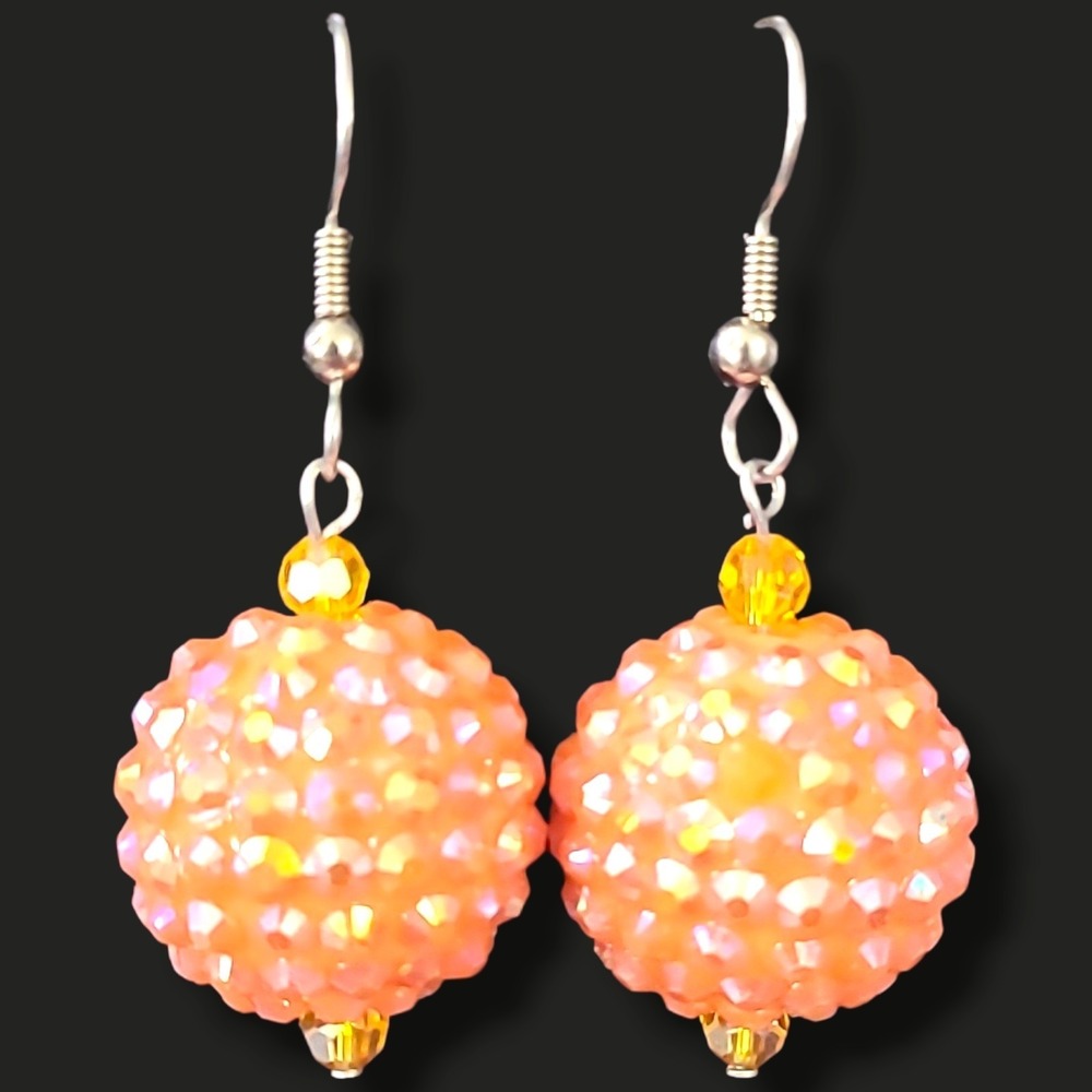 Bright Orange Aurora Borealis Rhinestone Disco Ball Dangle Earrings 2"